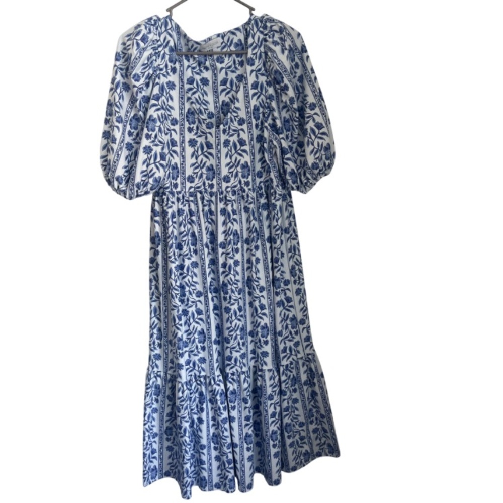 Smith & Quinn Blue White Floral Print Puff Sleeve Midi Dress Women's Small